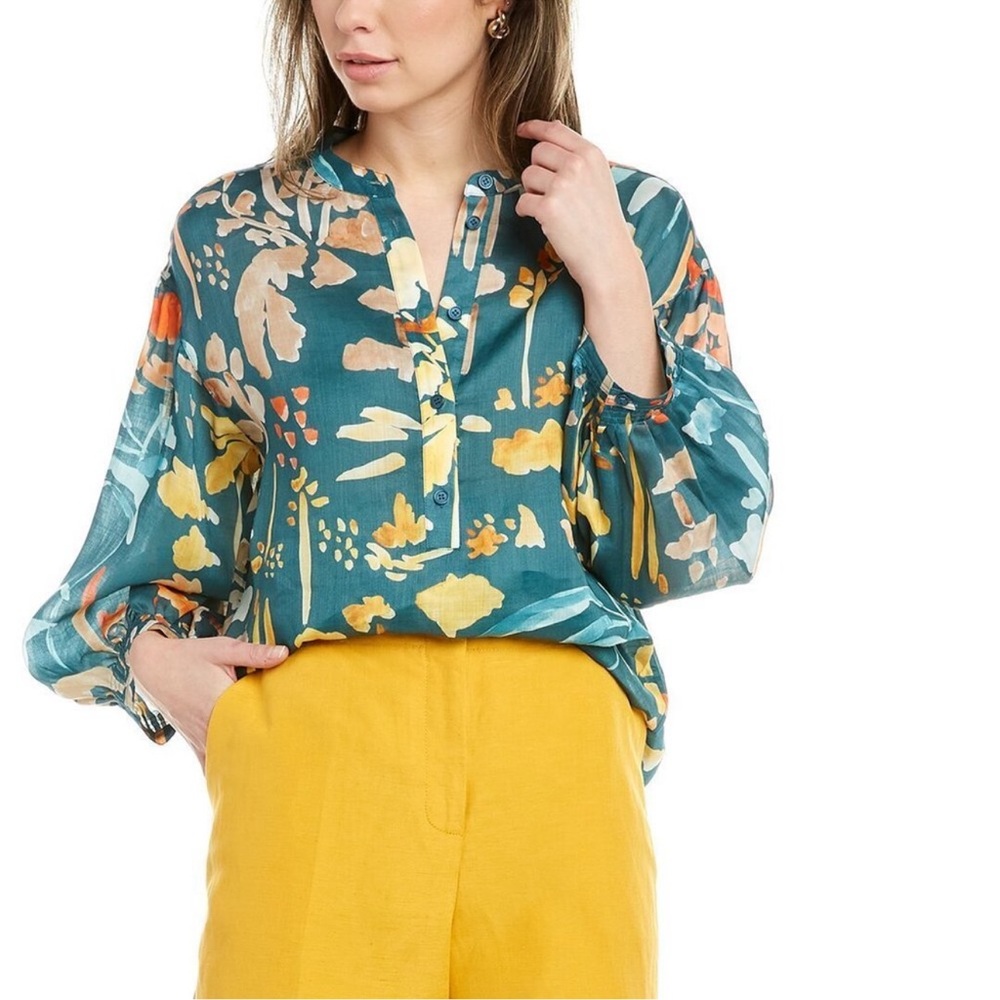 Lafayette 148 New York Deep Lagoon Balloon Puff Sleeve Floral  Top